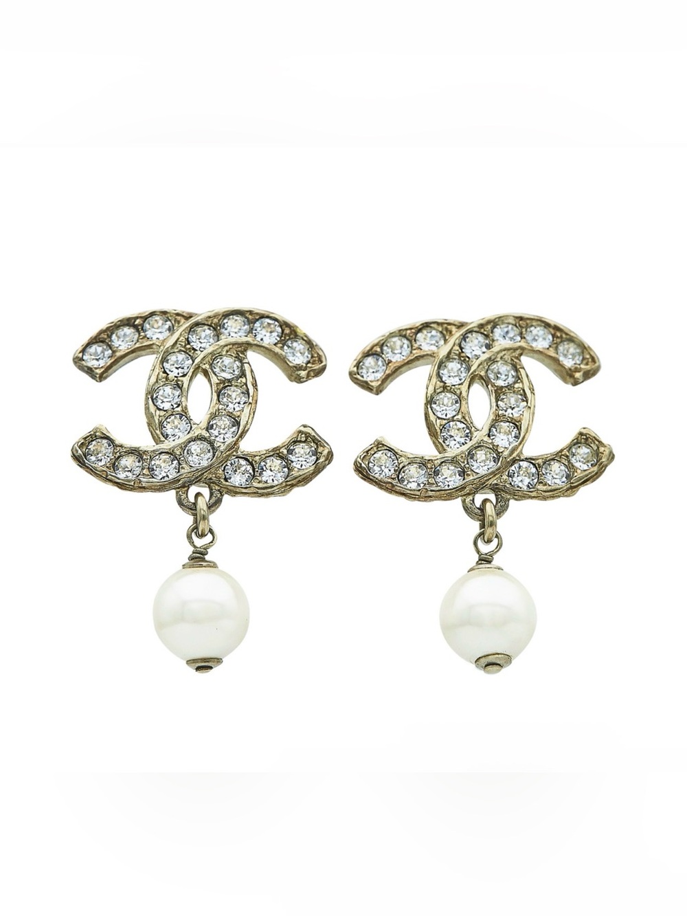 Chanel Base Metal Faux Pearl and Glass Logo Earrings